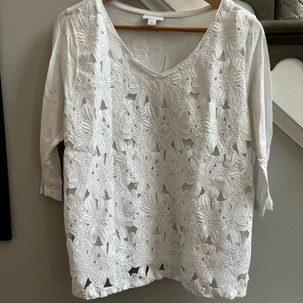 J. Jill White Lace Front Cotton Blend Top sz MP NWOT